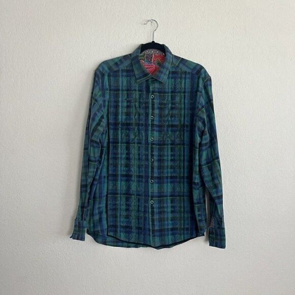 Robert Graham Dragon Embroidered Green & Blue Plaid Button Up Mens XL Shirt - Picture 1 of 11